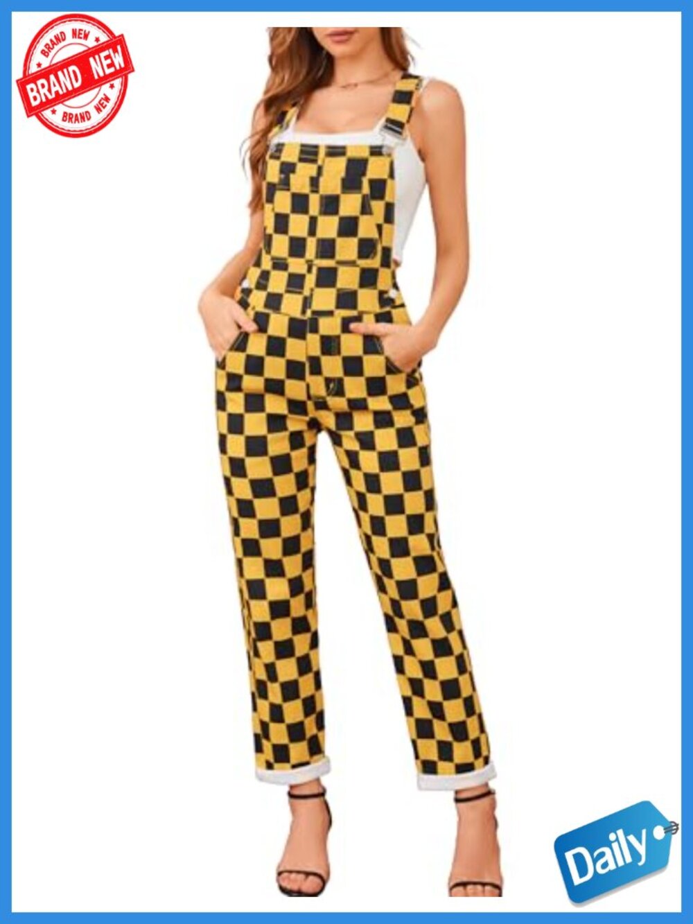 Womens Checkered Overalls Fashion Bib Coveralls Stretch Cotton Jumpsuit